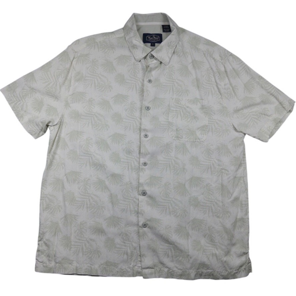Nat Nast Button Up Shirt Mens Large Beige Silk Cotton Palm Leaf Hawaiian Luxury